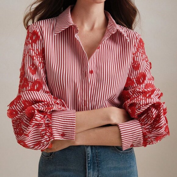 Multicolor Casual Women's Loose & Striped Patchwork Embroidered Shirt - Picture 3 of 8